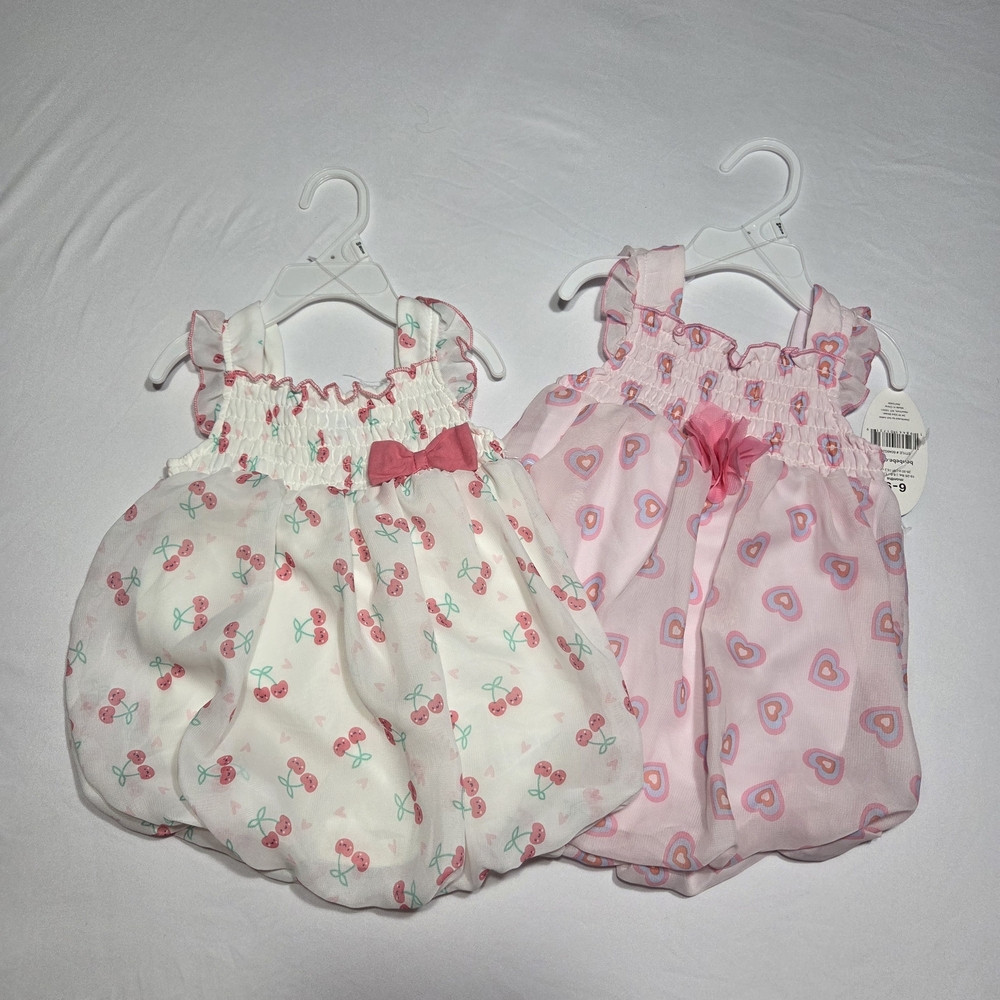 Bon Bebe Pink & White Floral and Heart Bubble Rompers (Set) 6-9m. New